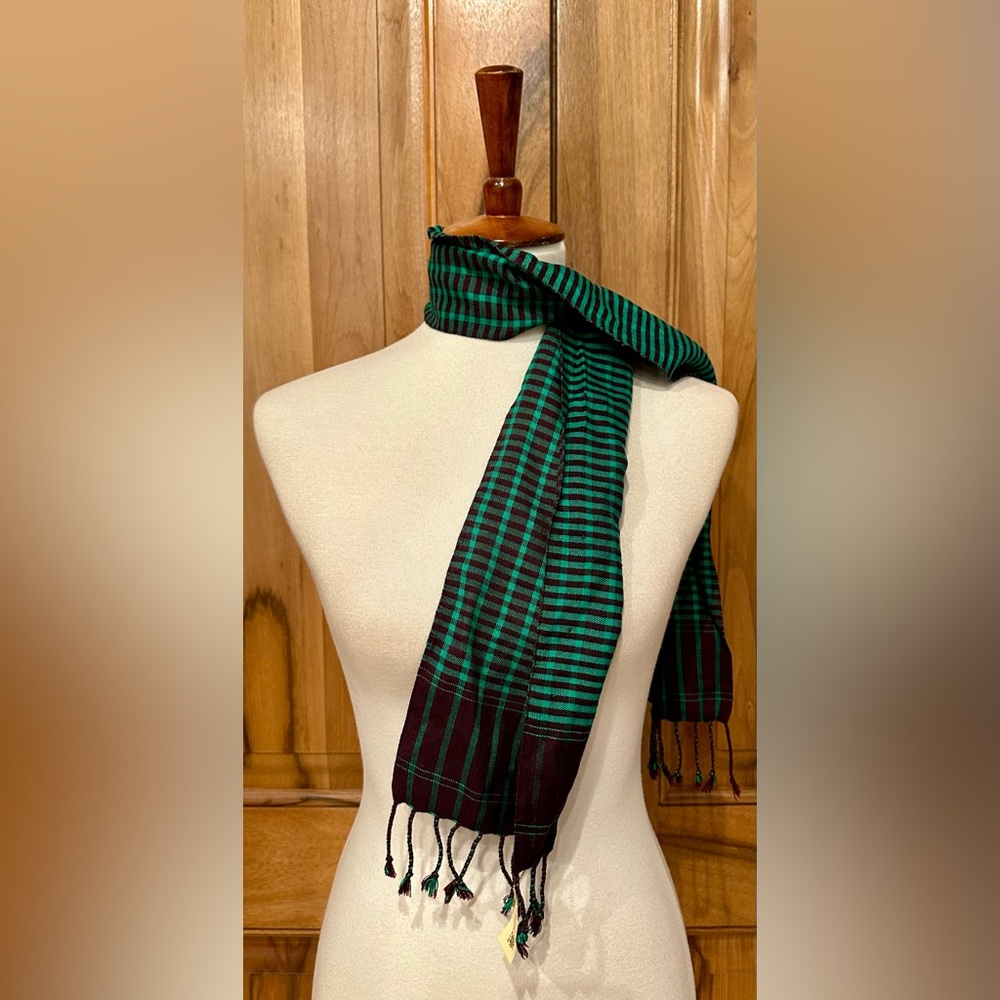 NWT Artisans Angkor - Cambodia - Vivid Green/Deep Purple Striped Fringed Scarf